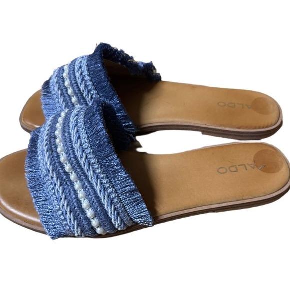 ALDO Denim Fringe Slide Sandals | Size 8 | Pearl Embellished - Picture 1 of 7
